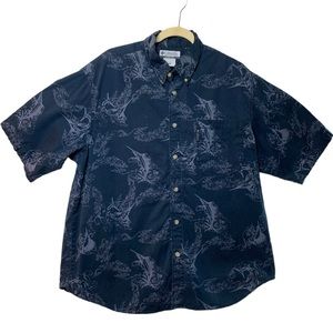 Columbia Men’s Casual Navy Blue Fish Patterned Short Sleeve Button Up Size XL